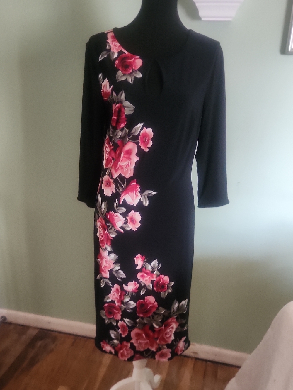 White House Black Market Black Reversible Midi Dress with Pink Floral Cascade
